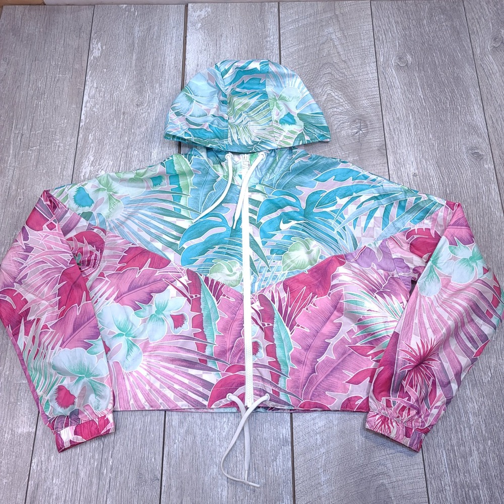 Nike Windrunner Hyper Jacket Women Medium Pink Teal Tropical Floral Cropped